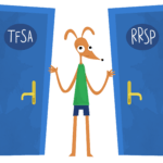 cartoon brown dog with green shirt on and 2 blue doors next to him with TFSA and RRSP written on them