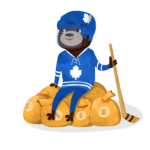 cartoon brown bear with toronto maple leafs jersey and helmet on in blue holding a hockey stick sitting on a pile of money
