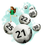 cartoon woman in green dress jumping on lotto balls with green background